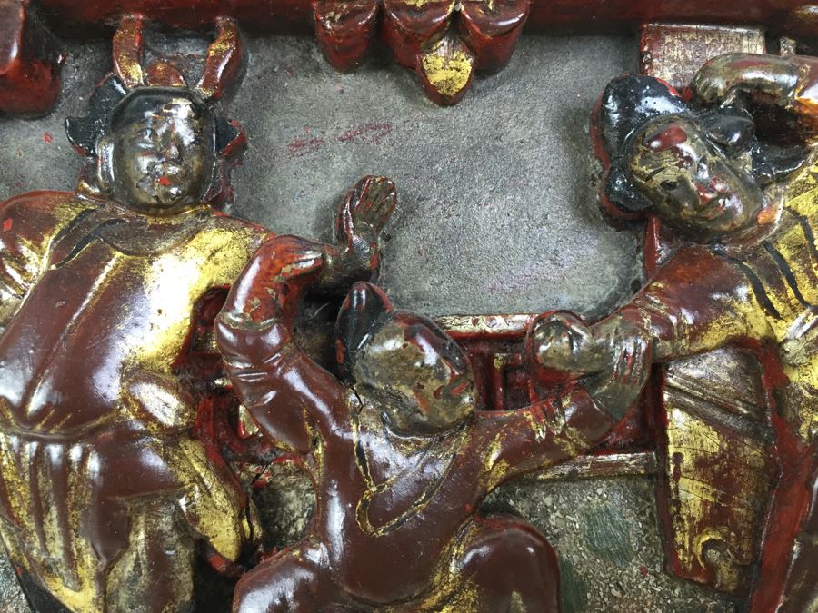 Vintage Signed Chinese Carved Wood Gold & Red Painted Panel With Mother Of Pearl Inlay [Photo 24]