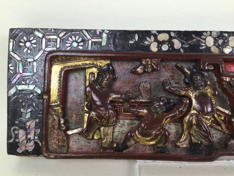 Vintage Signed Chinese Carved Wood Gold & Red Painted Panel With Mother Of Pearl Inlay [Photo 5]