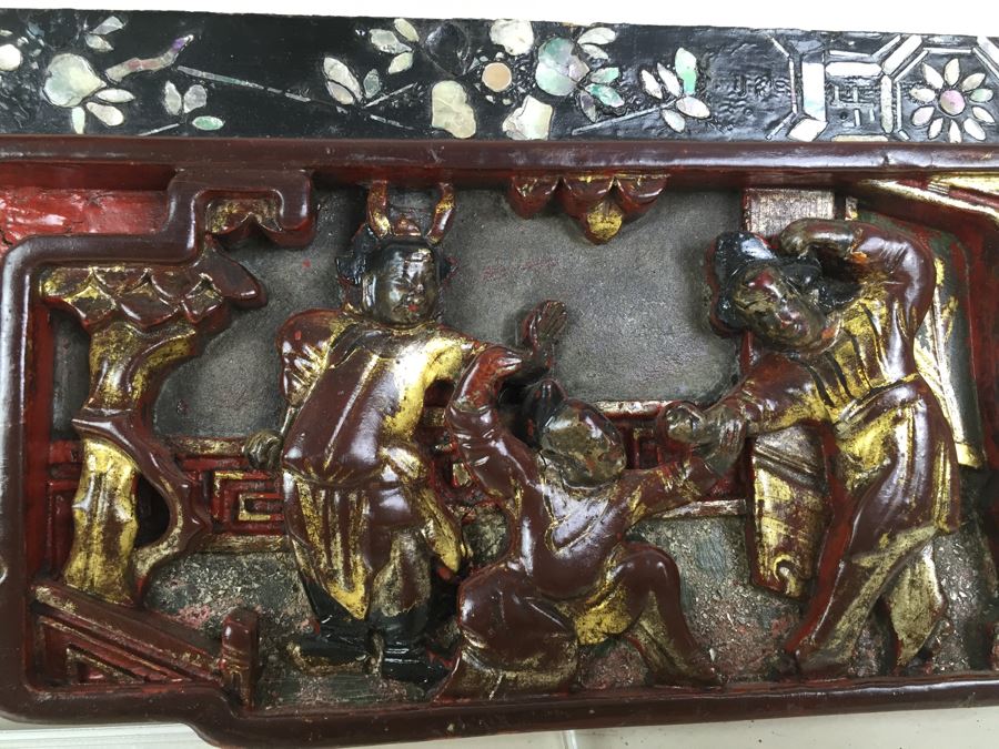 Vintage Signed Chinese Carved Wood Gold & Red Painted Panel With Mother Of Pearl Inlay [Photo 19]