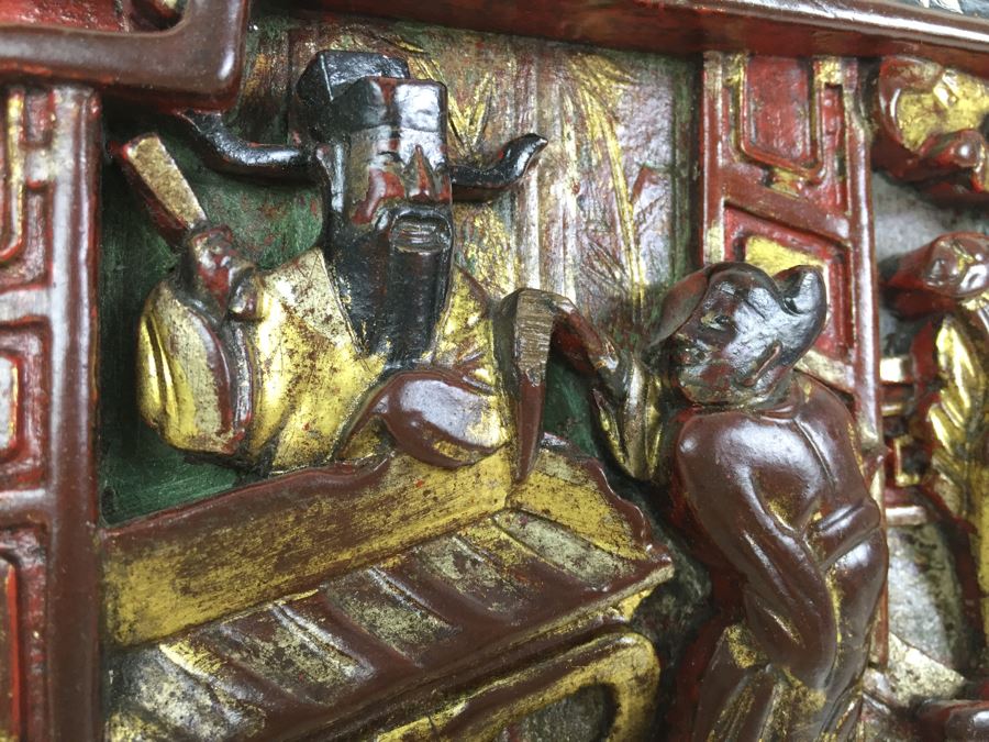 Vintage Signed Chinese Carved Wood Gold & Red Painted Panel With Mother Of Pearl Inlay [Photo 14]