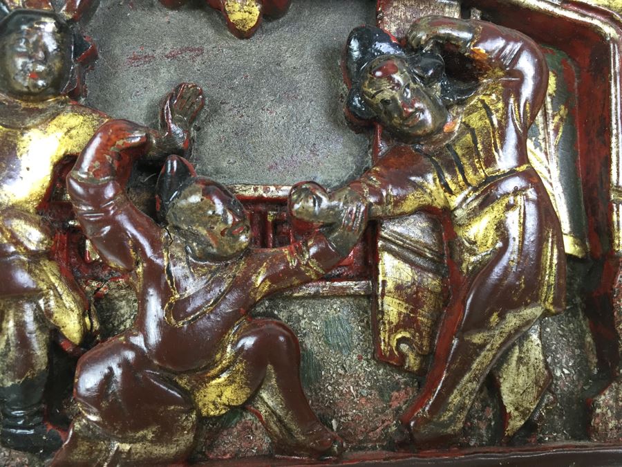 Vintage Signed Chinese Carved Wood Gold & Red Painted Panel With Mother Of Pearl Inlay [Photo 21]