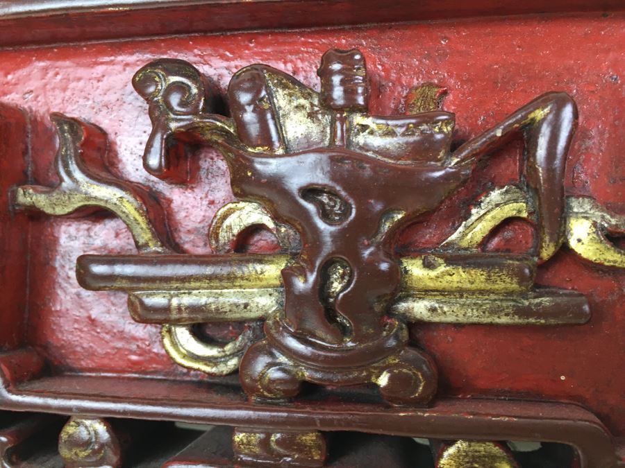 Vintage Signed Chinese Carved Wood Gold & Red Painted Panel With Mother Of Pearl Inlay [Photo 30]