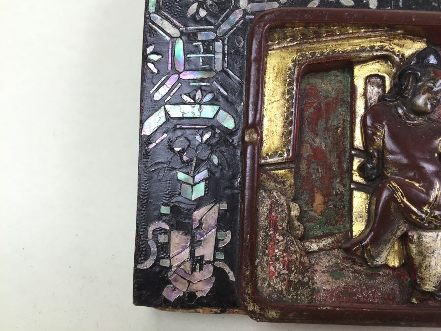 Vintage Signed Chinese Carved Wood Gold & Red Painted Panel With Mother Of Pearl Inlay [Photo 6]