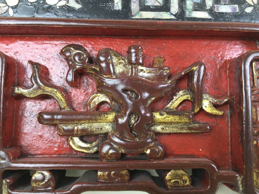 Vintage Signed Chinese Carved Wood Gold & Red Painted Panel With Mother Of Pearl Inlay [Photo 11]