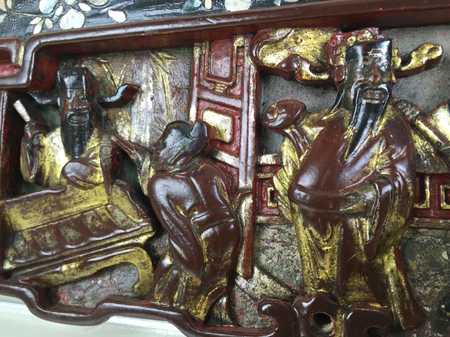 Vintage Signed Chinese Carved Wood Gold & Red Painted Panel With Mother Of Pearl Inlay [Photo 29]