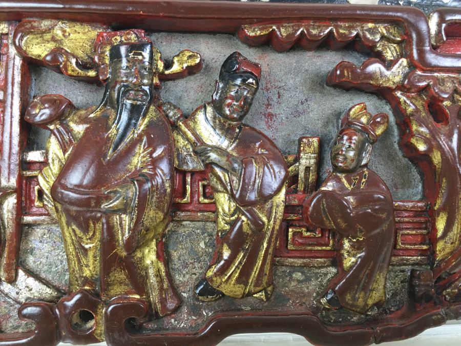 Vintage Signed Chinese Carved Wood Gold & Red Painted Panel With Mother Of Pearl Inlay [Photo 15]