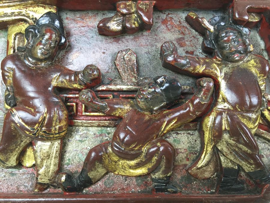 Vintage Signed Chinese Carved Wood Gold & Red Painted Panel With Mother Of Pearl Inlay [Photo 9]