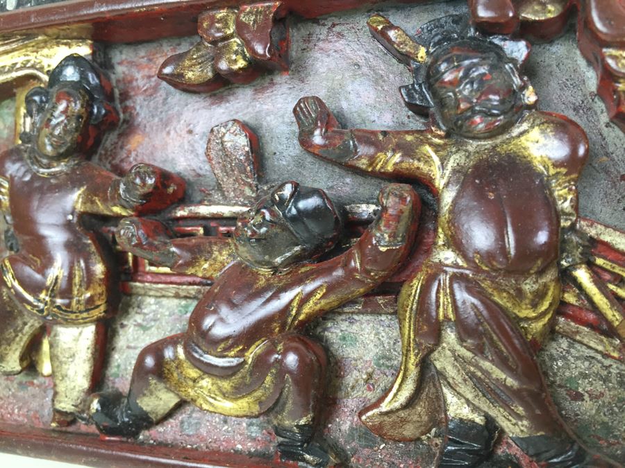 Vintage Signed Chinese Carved Wood Gold & Red Painted Panel With Mother Of Pearl Inlay [Photo 31]