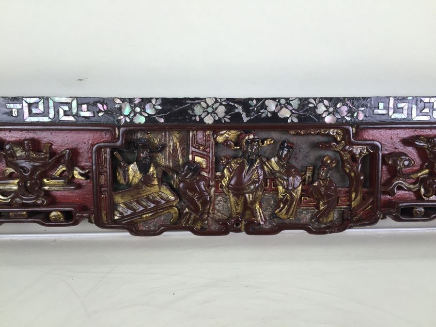 Vintage Signed Chinese Carved Wood Gold & Red Painted Panel With Mother Of Pearl Inlay [Photo 33]