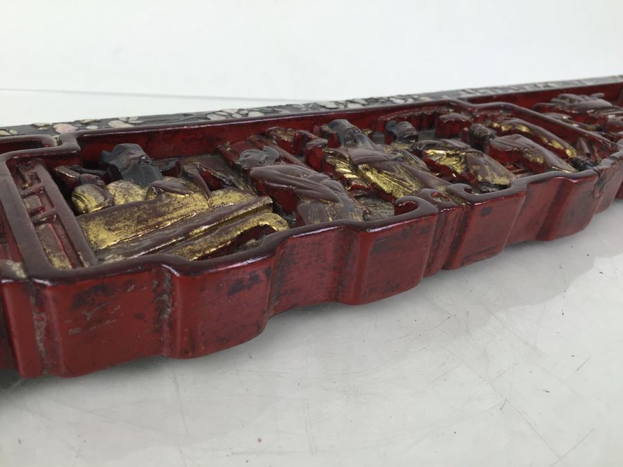 Vintage Signed Chinese Carved Wood Gold & Red Painted Panel With Mother Of Pearl Inlay [Photo 34]
