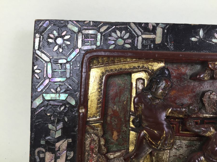 Vintage Signed Chinese Carved Wood Gold & Red Painted Panel With Mother Of Pearl Inlay [Photo 7]