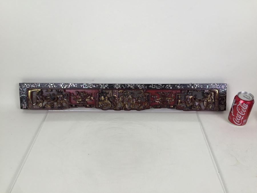 Vintage Signed Chinese Carved Wood Gold & Red Painted Panel With Mother Of Pearl Inlay [Photo 4]