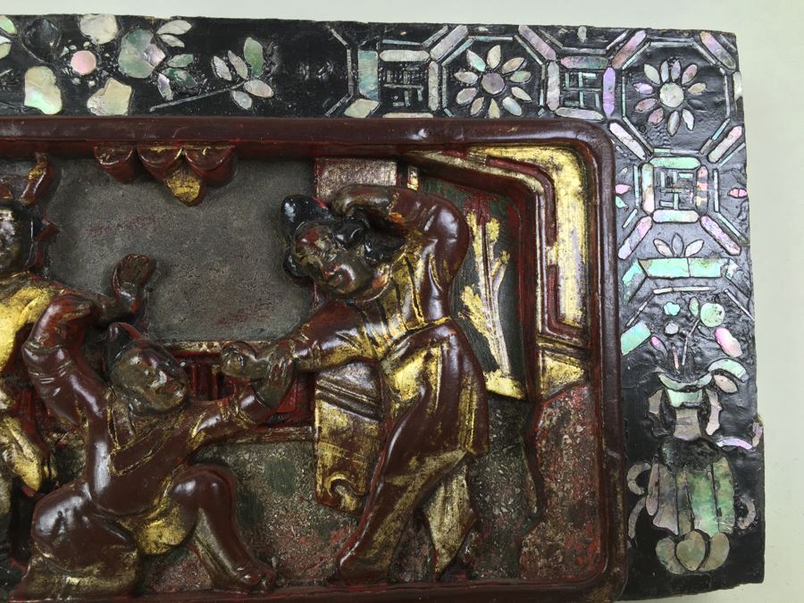 Vintage Signed Chinese Carved Wood Gold & Red Painted Panel With Mother Of Pearl Inlay [Photo 22]