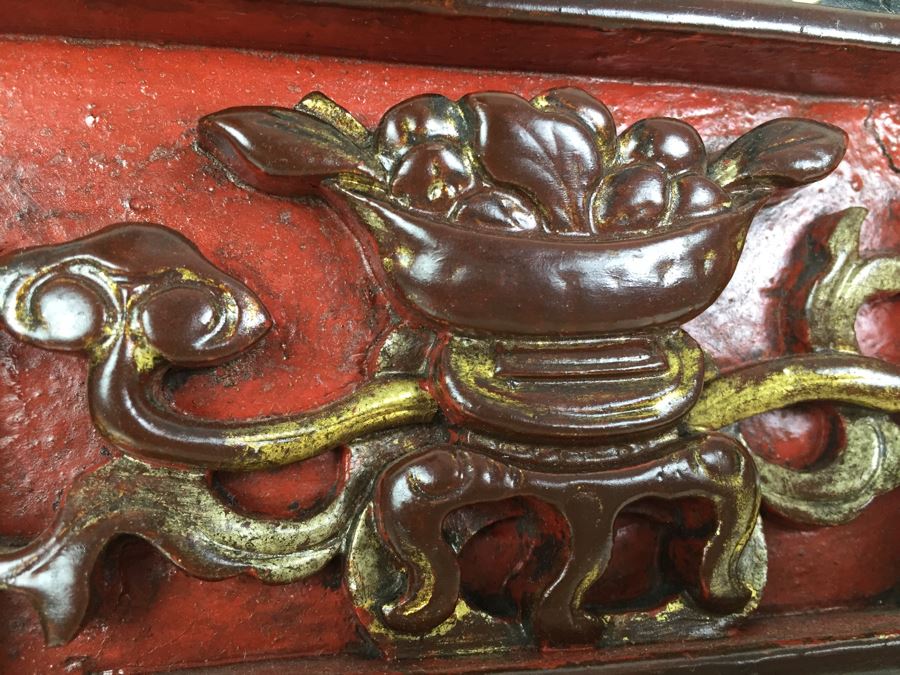Vintage Signed Chinese Carved Wood Gold & Red Painted Panel With Mother Of Pearl Inlay [Photo 27]