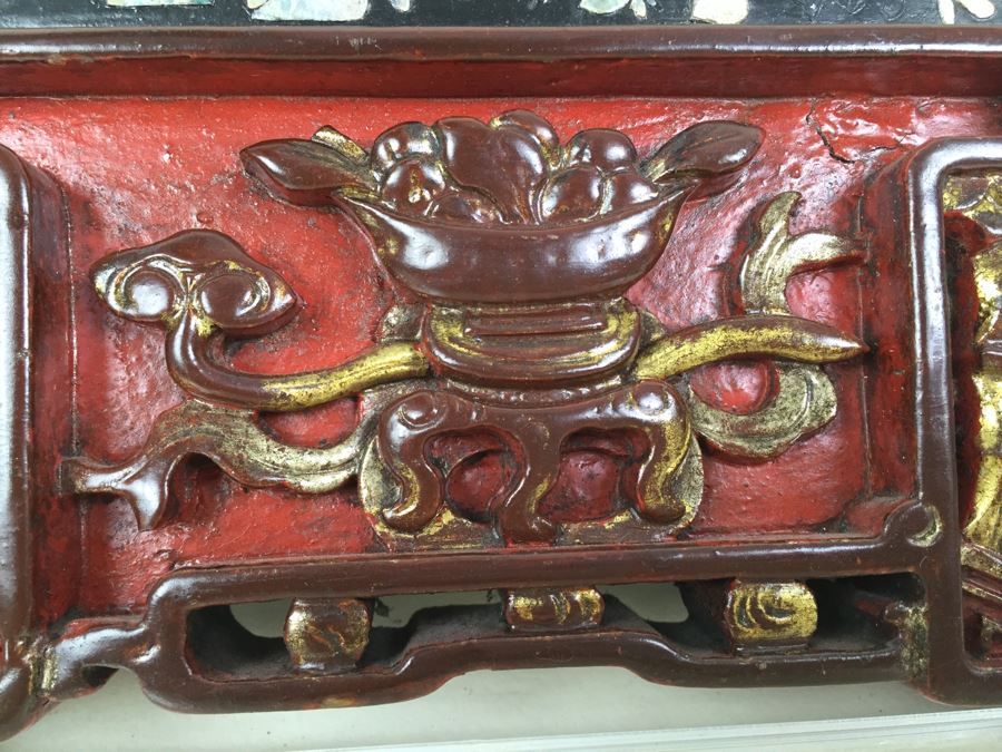 Vintage Signed Chinese Carved Wood Gold & Red Painted Panel With Mother Of Pearl Inlay [Photo 18]