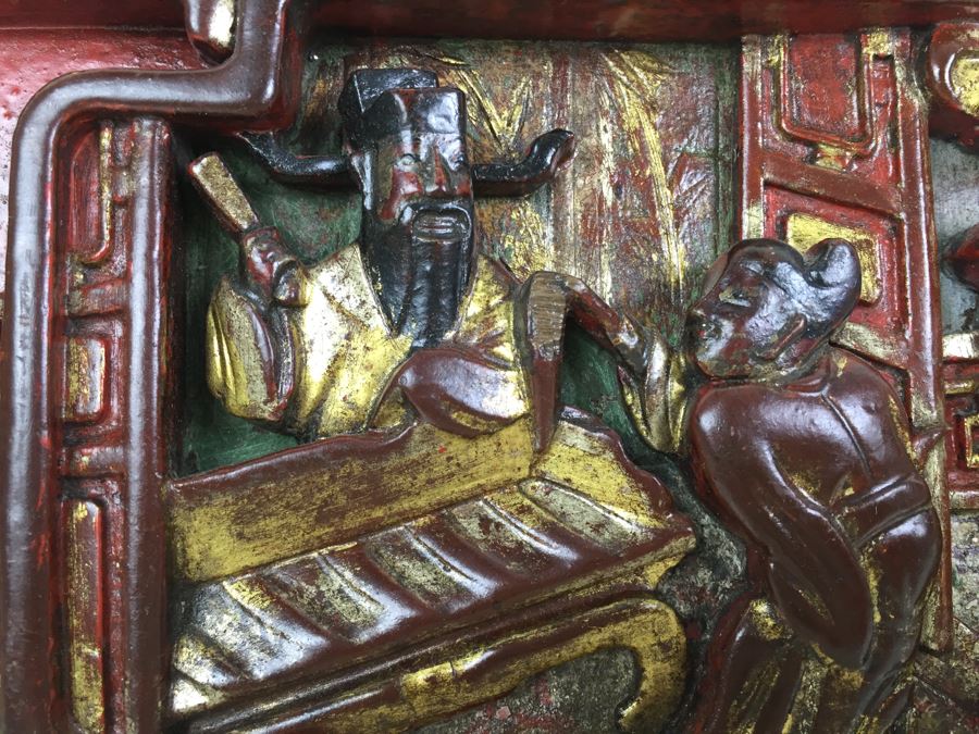 Vintage Signed Chinese Carved Wood Gold & Red Painted Panel With Mother Of Pearl Inlay [Photo 13]