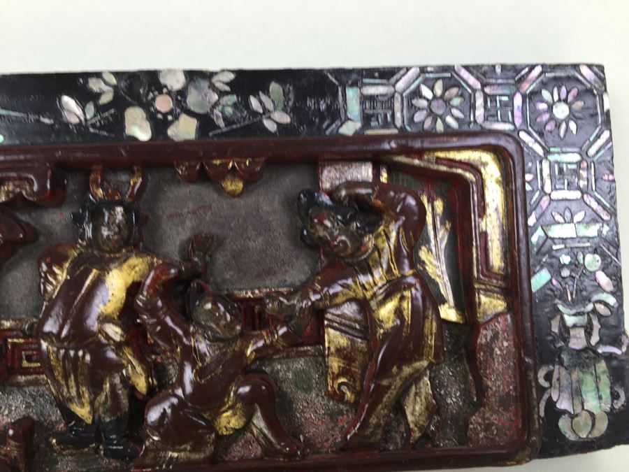 Vintage Signed Chinese Carved Wood Gold & Red Painted Panel With Mother Of Pearl Inlay [Photo 26]