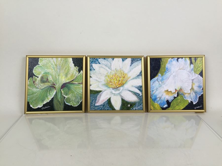 Set Of 3 Original Mixed Media Floral Paintings Signed By Artist Ellablanche Kezar Salmi