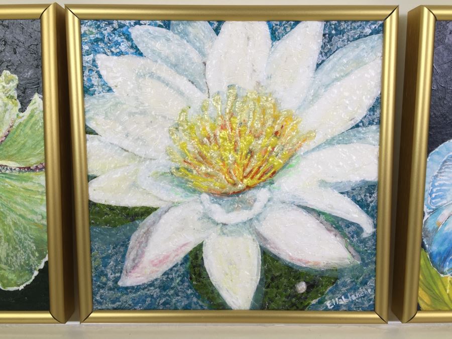 Set Of 3 Original Mixed Media Floral Paintings Signed By Artist Ellablanche Kezar Salmi [Photo 2]