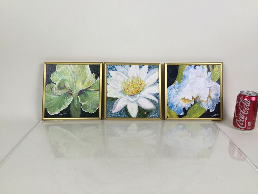 Set Of 3 Original Mixed Media Floral Paintings Signed By Artist Ellablanche Kezar Salmi [Photo 4]