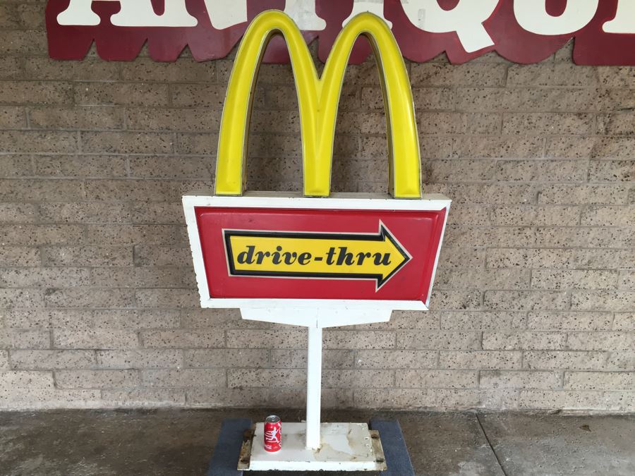 Vintage Early 1970's McDonalds Drive-Thru Sign On Cast Iron Base Featuring The Golden Arches [Photo 1]