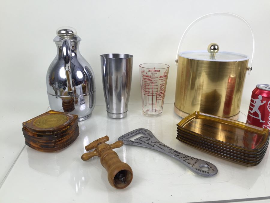 Barware Lot Featuring Stainless Steel Thermos Pitcher, Cocktail Shaker And Ice Bucket