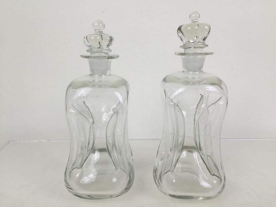 Pair Of Holmegaard Kluk Kluk Decanters Pinched Art Glass Scandinavian Crown Stopper Made In Denmark [Photo 4]