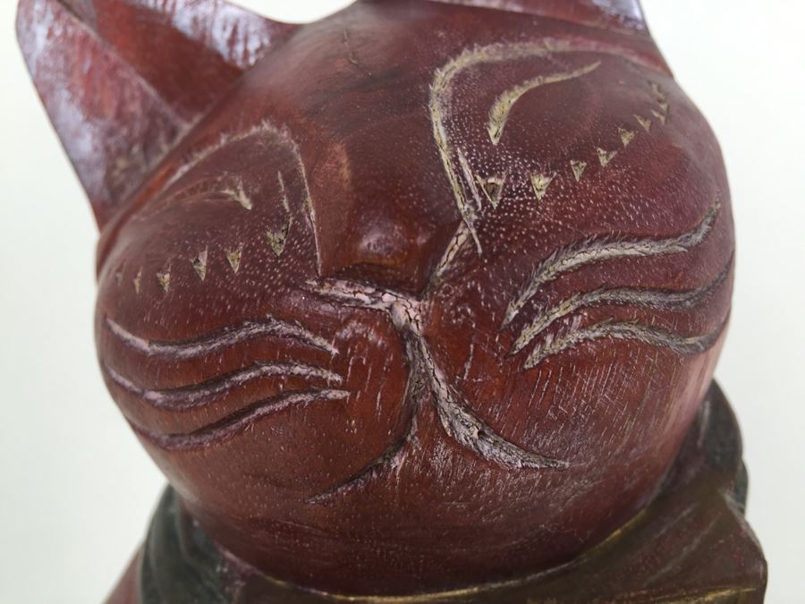 Signed Carved Wood Cat Statue [Photo 5]