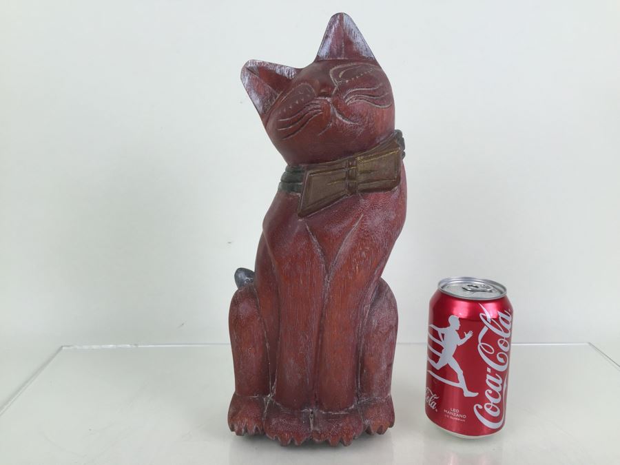 Signed Carved Wood Cat Statue