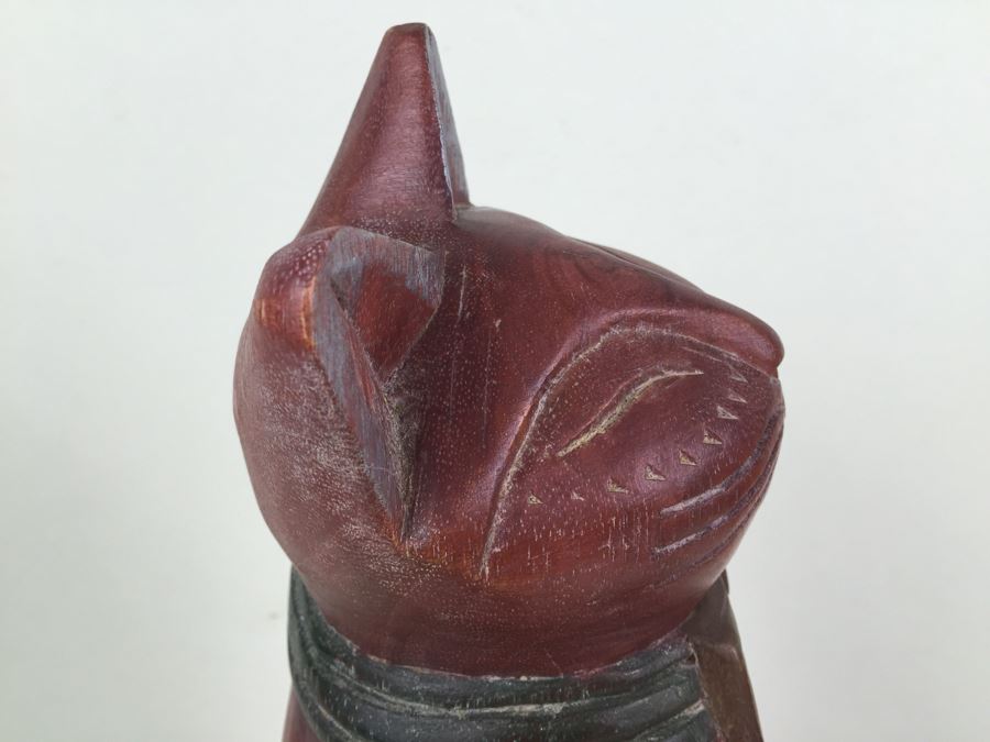 Signed Carved Wood Cat Statue [Photo 9]