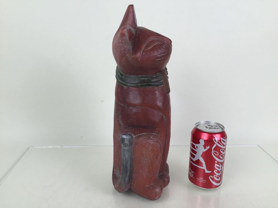 Signed Carved Wood Cat Statue [Photo 8]