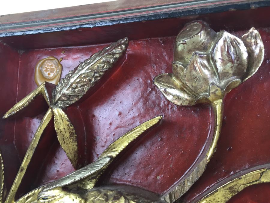Vintage Signed Chinese Carved Wood Gold & Red Painted Panel [Photo 10]