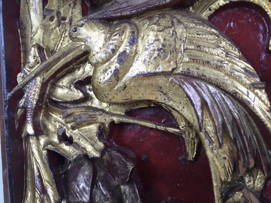 Vintage Signed Chinese Carved Wood Gold & Red Painted Panel [Photo 13]
