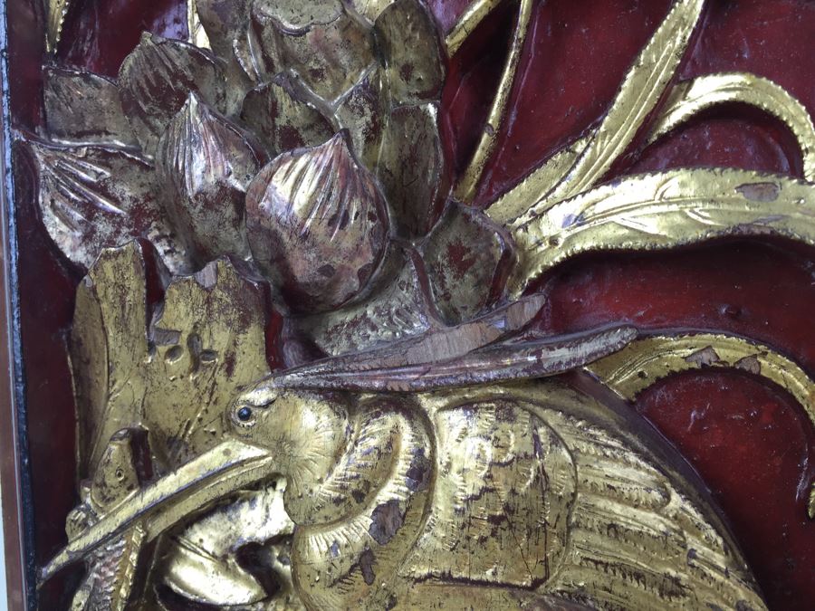 Vintage Signed Chinese Carved Wood Gold & Red Painted Panel [Photo 12]