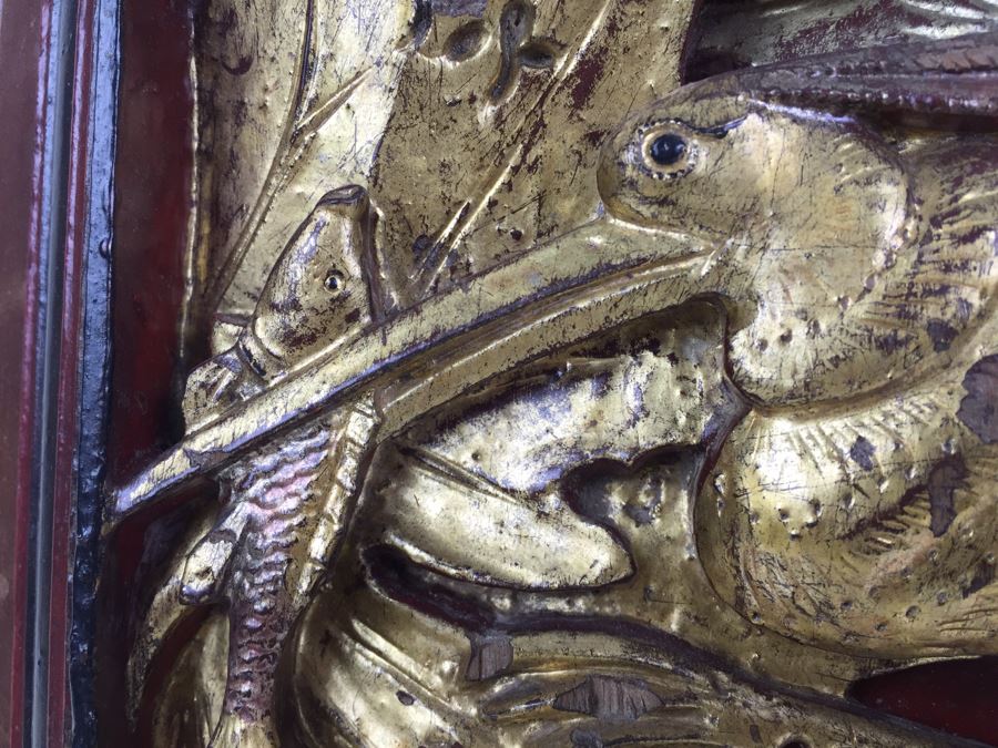 Vintage Signed Chinese Carved Wood Gold & Red Painted Panel [Photo 14]