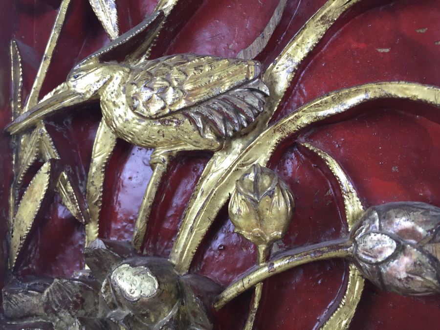 Vintage Signed Chinese Carved Wood Gold & Red Painted Panel [Photo 11]