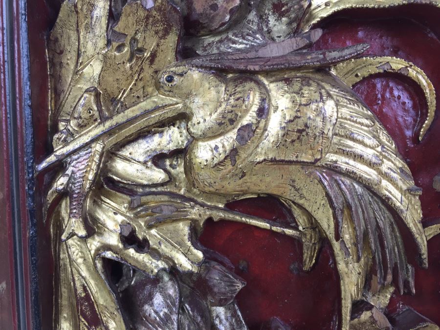 Vintage Signed Chinese Carved Wood Gold & Red Painted Panel [Photo 2]