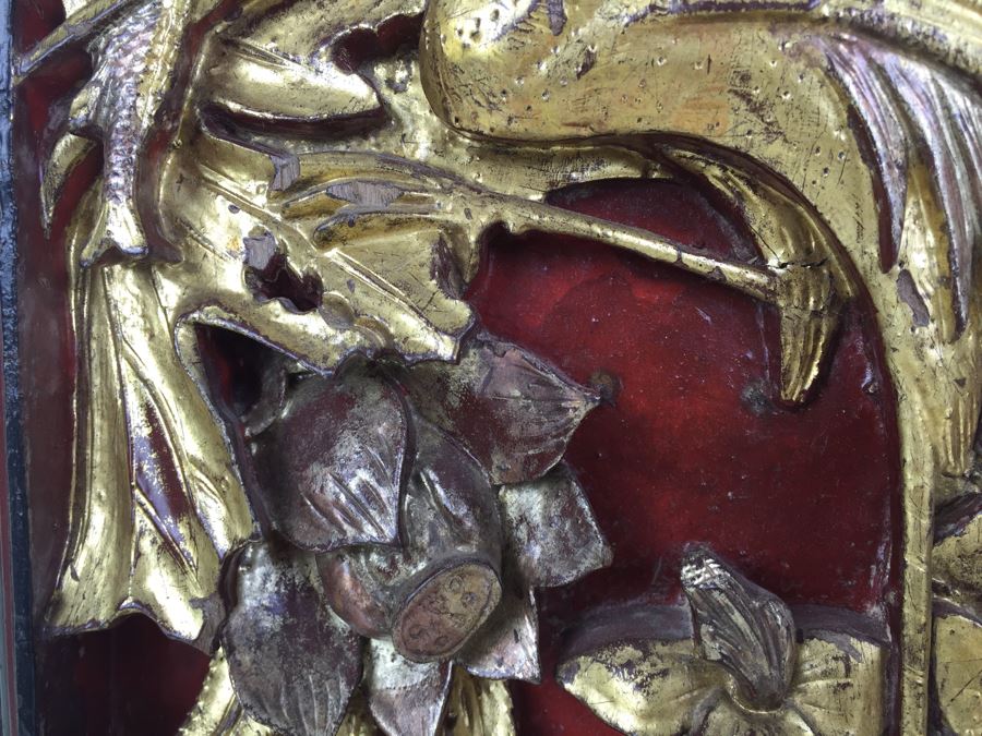 Vintage Signed Chinese Carved Wood Gold & Red Painted Panel [Photo 15]