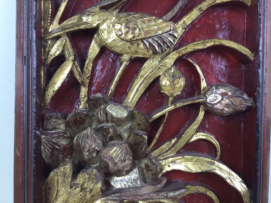 Vintage Signed Chinese Carved Wood Gold & Red Painted Panel [Photo 6]
