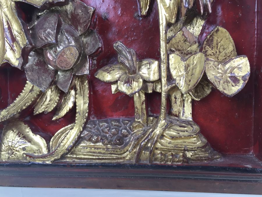 Vintage Signed Chinese Carved Wood Gold & Red Painted Panel [Photo 16]