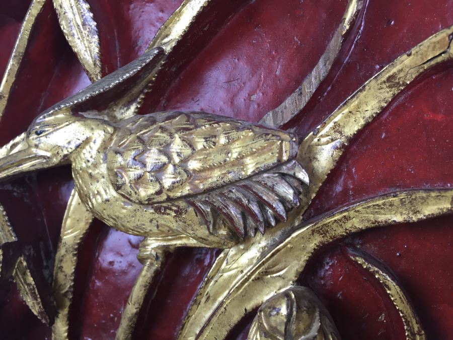 Vintage Signed Chinese Carved Wood Gold & Red Painted Panel [Photo 9]