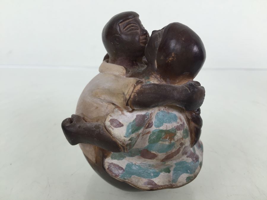 Painted Clay Sculpture Of Couple Hugging And Kissing Signed By Artist [Photo 5]