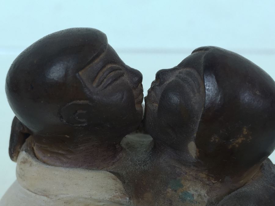 Painted Clay Sculpture Of Couple Hugging And Kissing Signed By Artist [Photo 4]