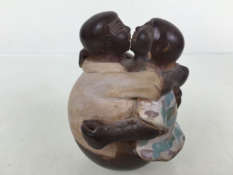 Painted Clay Sculpture Of Couple Hugging And Kissing Signed By Artist [Photo 2]