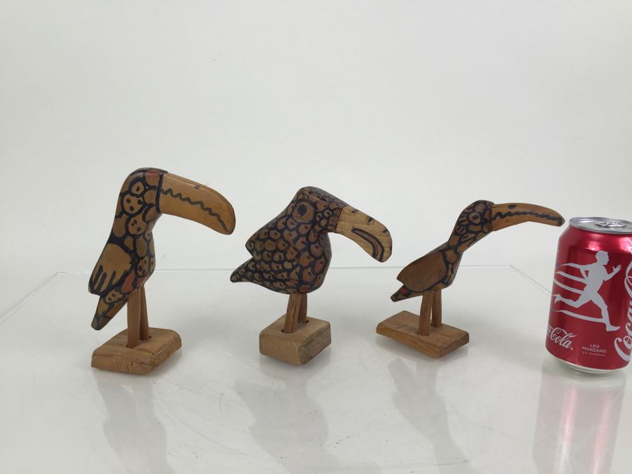 Set Of 3 Carved Wood Birds
