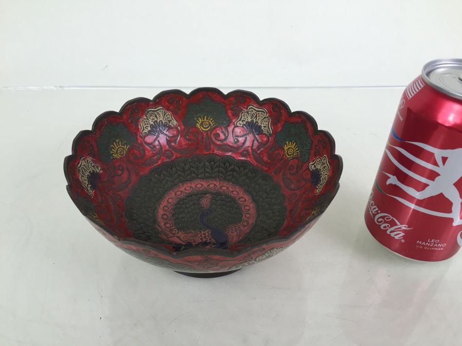 Vintage India Brass Bowl Painted Peacock Red Green Gold Blue [Photo 4]