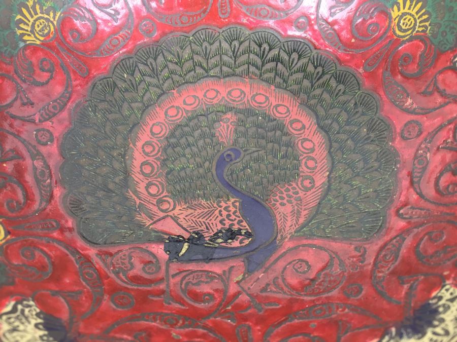 Vintage India Brass Bowl Painted Peacock Red Green Gold Blue [Photo 5]