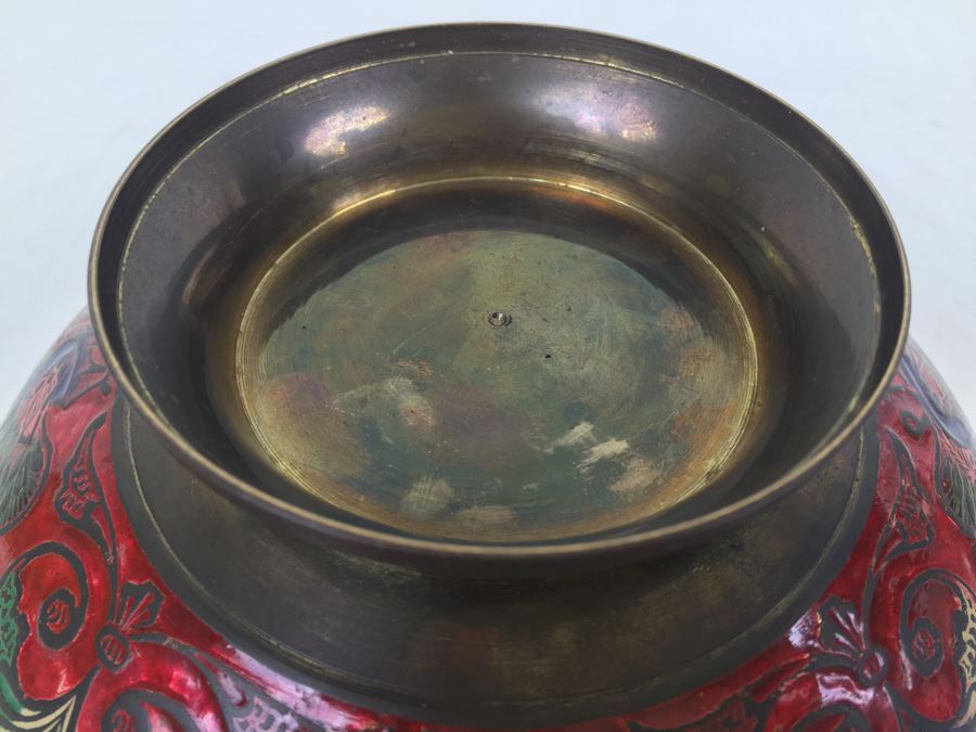 Vintage India Brass Bowl Painted Peacock Red Green Gold Blue [Photo 8]