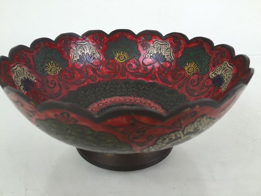 Vintage India Brass Bowl Painted Peacock Red Green Gold Blue