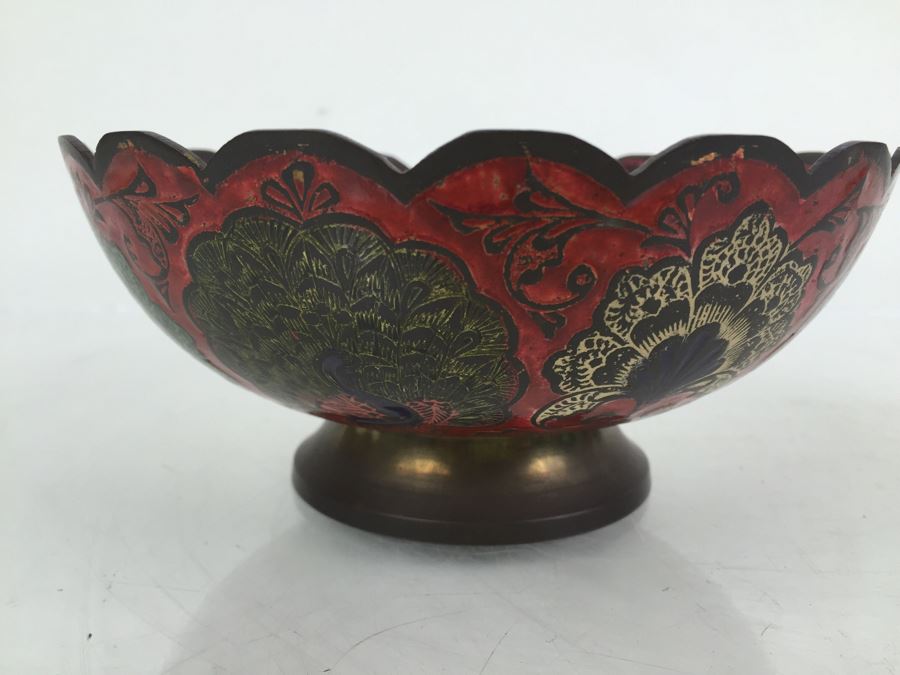 Vintage India Brass Bowl Painted Peacock Red Green Gold Blue [Photo 2]